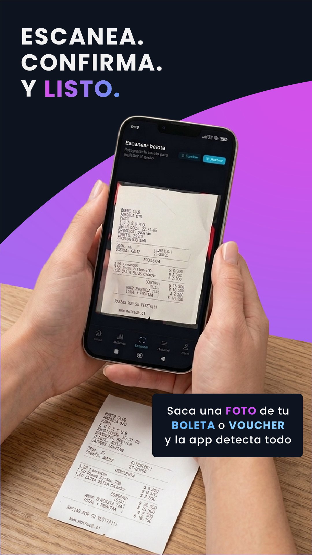 Escanea, confirma y listo: app escaneando boleta