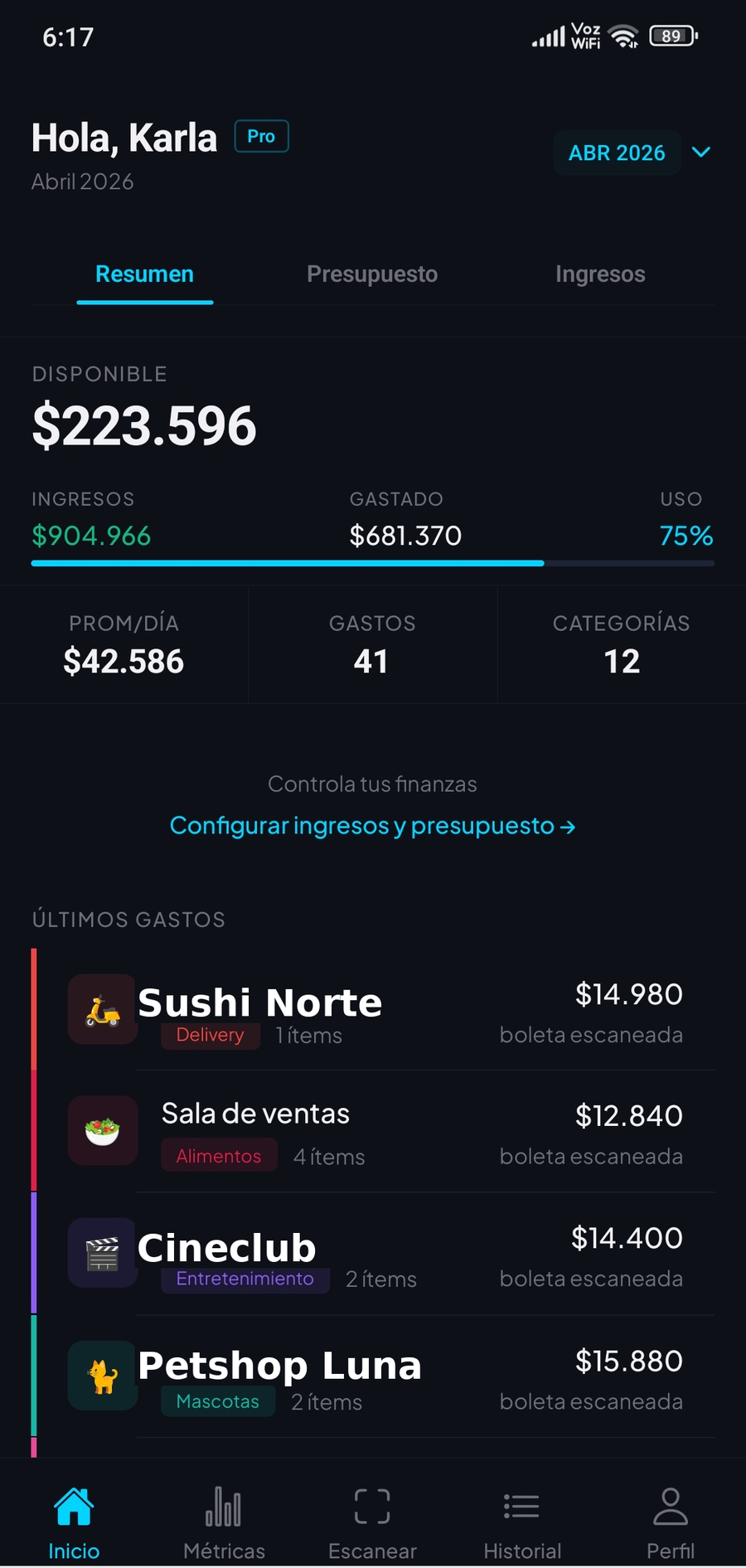 Dashboard de Fintastik mostrando resumen de gastos mensuales